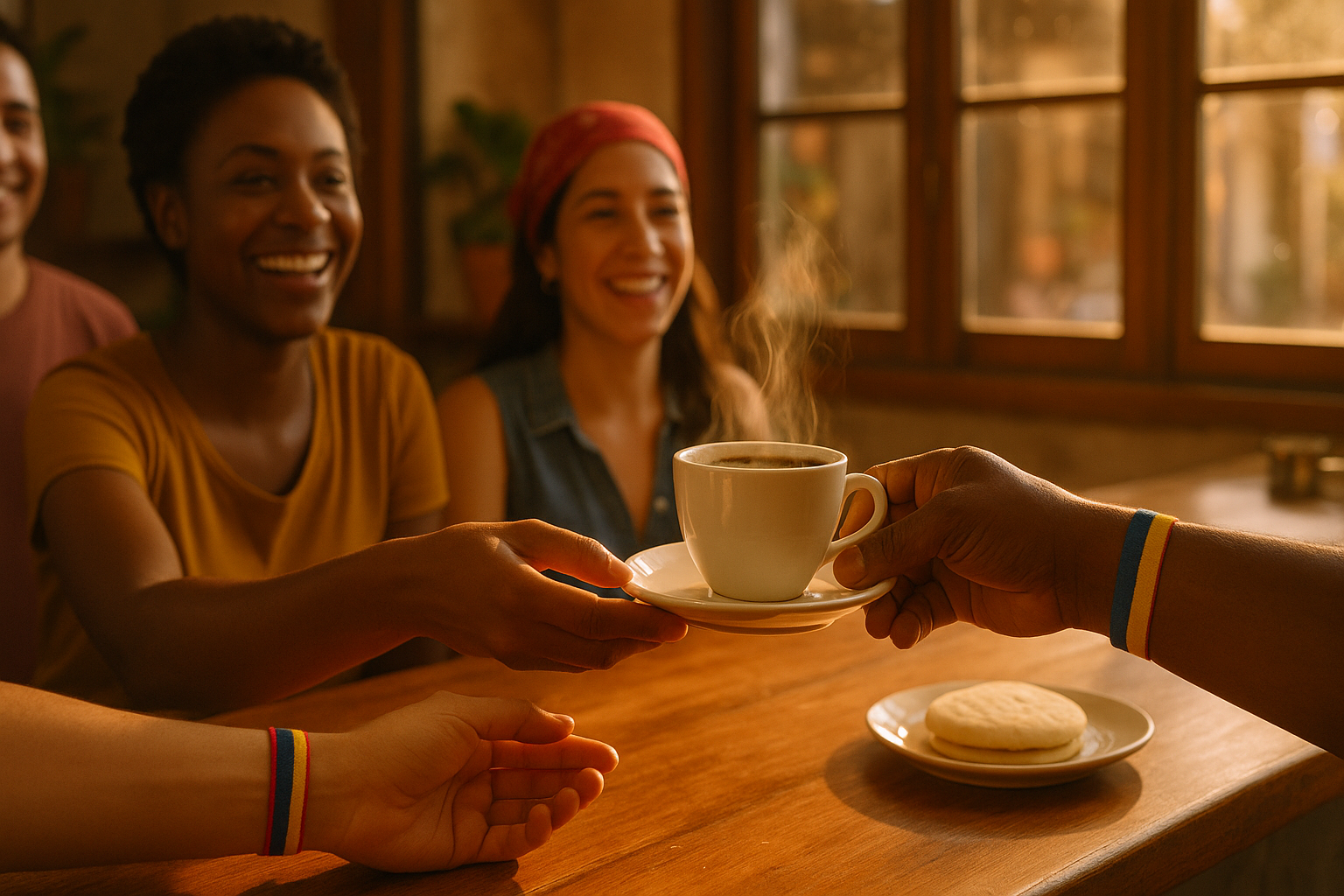 Manos de personas diversas entregando una taza de café en una cafetería con ambiente venezolano