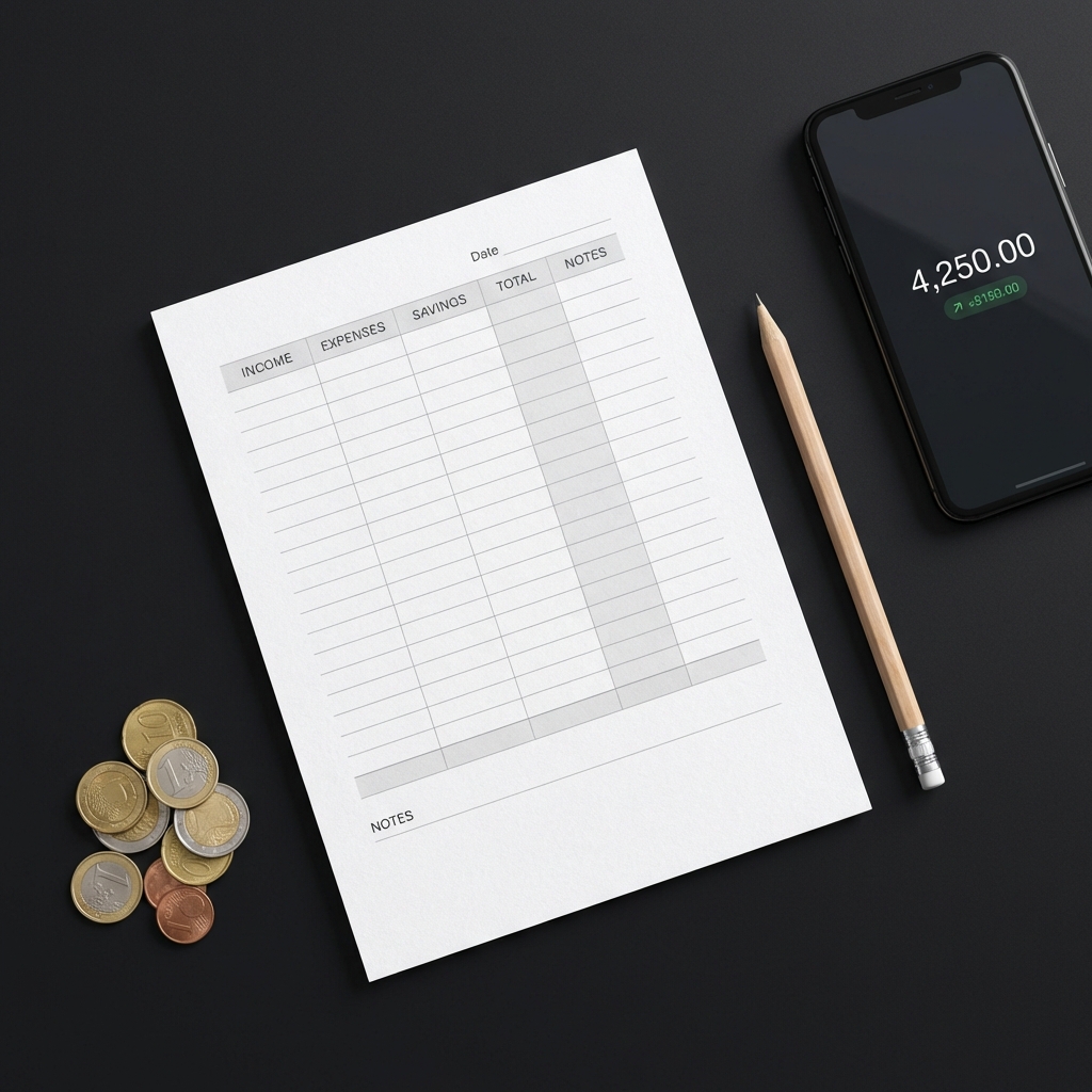What if you put $1000 in Bitcoin 5 years ago? Minimal flat lay of finance tools on dark charcoal background with budget paper pencil coins and phone balance