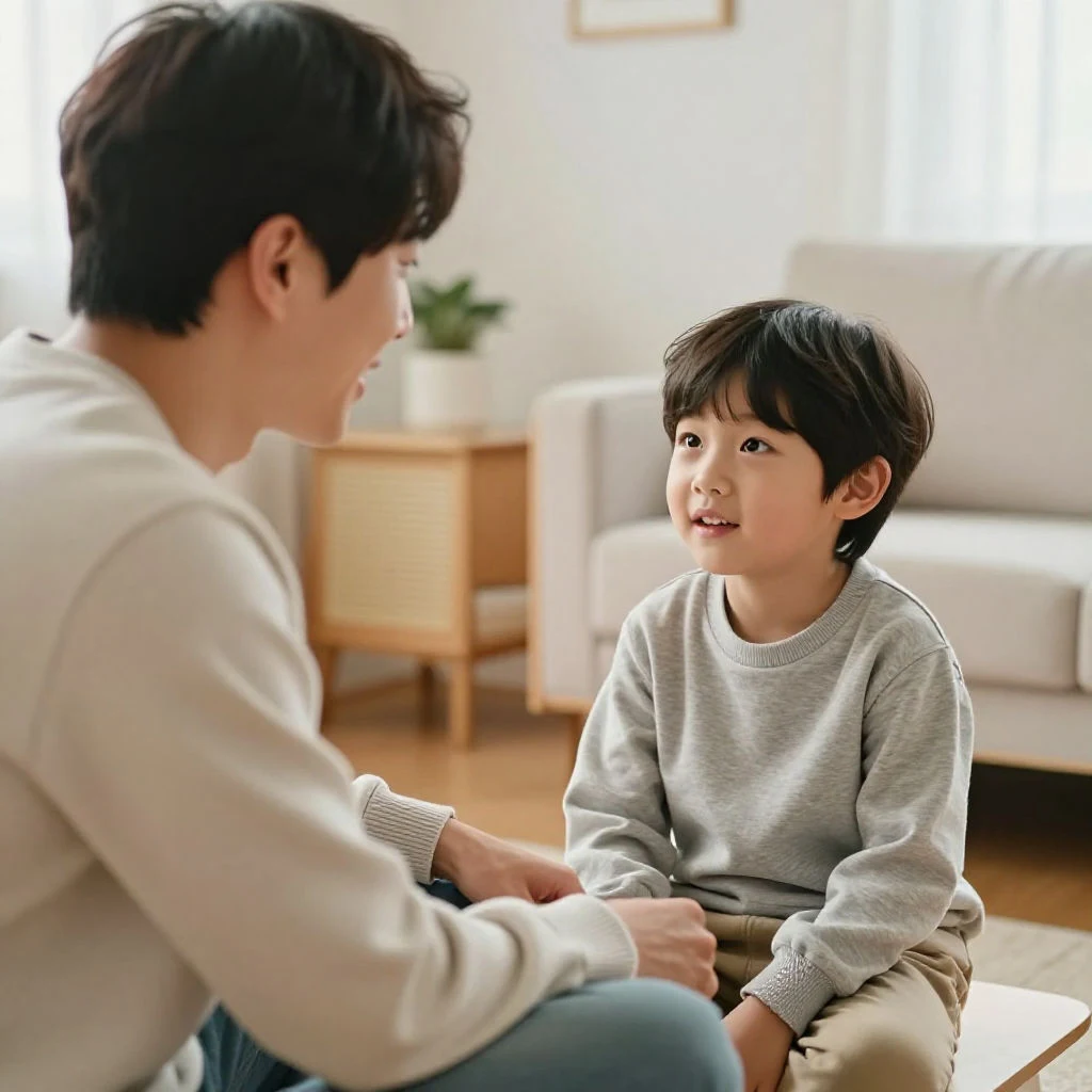 아이의 눈높이에서 따뜻하게 대화하는 부모와 아이