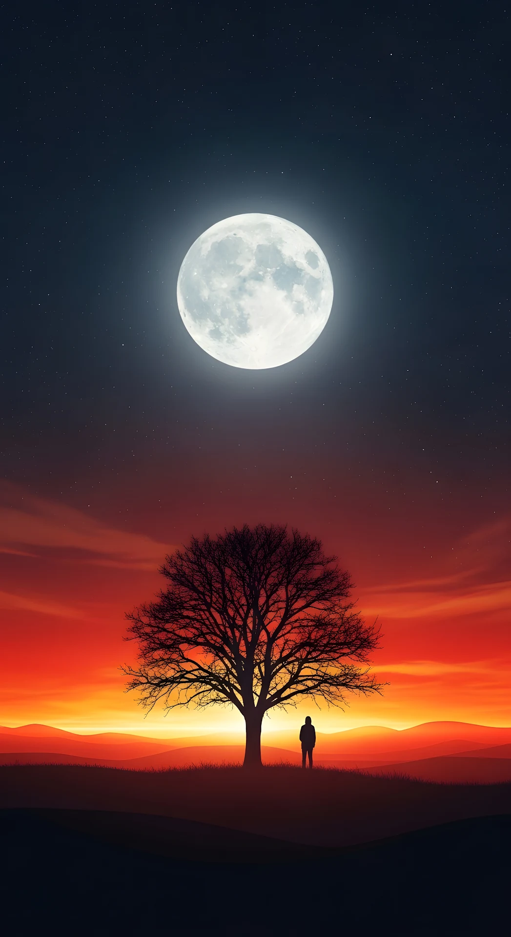 Solitude Under Full Moon and Fiery Sunset Sky - Free 4K mobile Wallpaper