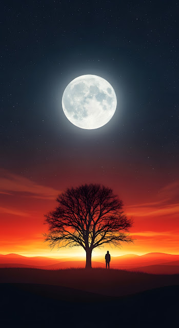 Solitude Under Full Moon and Fiery Sunset Sky - Free mobile Wallpaper