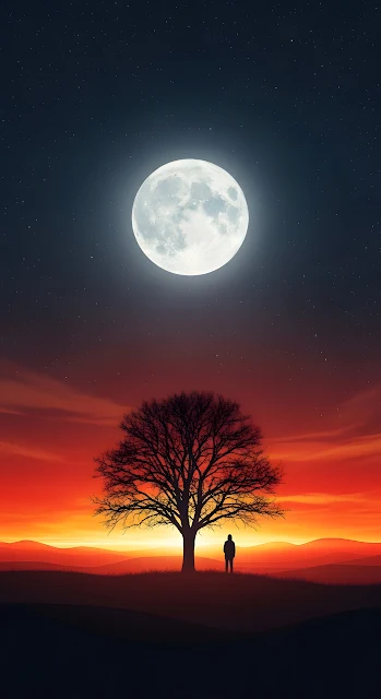 Solitude Under Full Moon and Fiery Sunset Sky