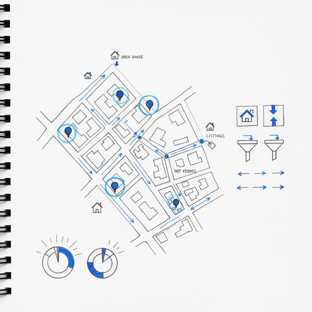 Close-up planner page showing a neighborhood map with pinned locations, foot-traffic arrows and open-house/listing icons &mdash; visual concept for realtor leads