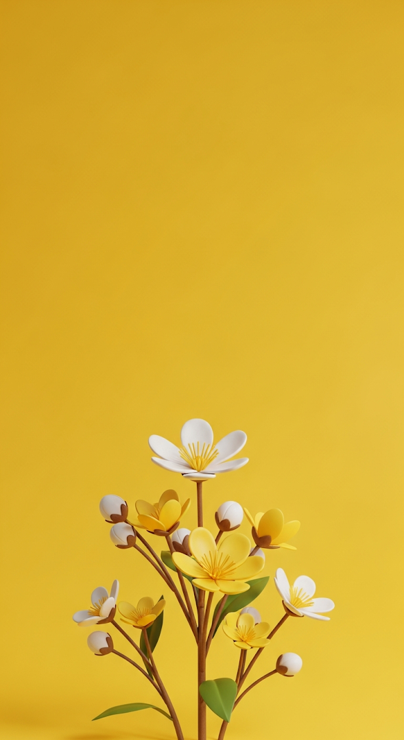 Stylized White Flowers on Vibrant Yellow Background Vertical