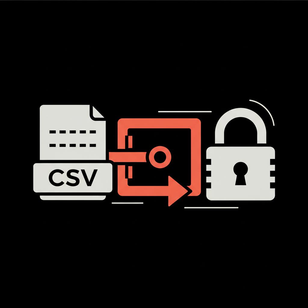 Minimal 2D vector infographic of a CSV file icon beside a secure padlock with an export vault arrow on black background, can i see all my passwords
