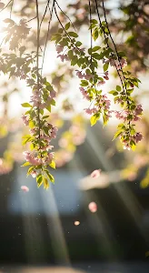 Sunlit Cherry Blossom Branches with Golden Light Rays