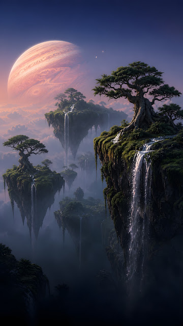 Fantasy Floating Mossy Islands with Waterfalls Wallpaper - Free mobile Wallpaper