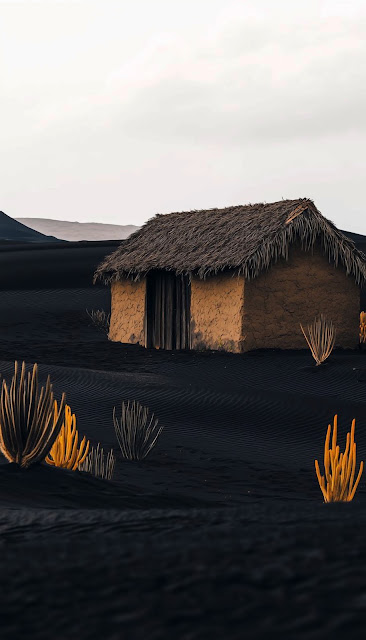 Adobe Hut on Black Volcanic Sand Dunes with Yellow Plants - Free mobile Wallpaper