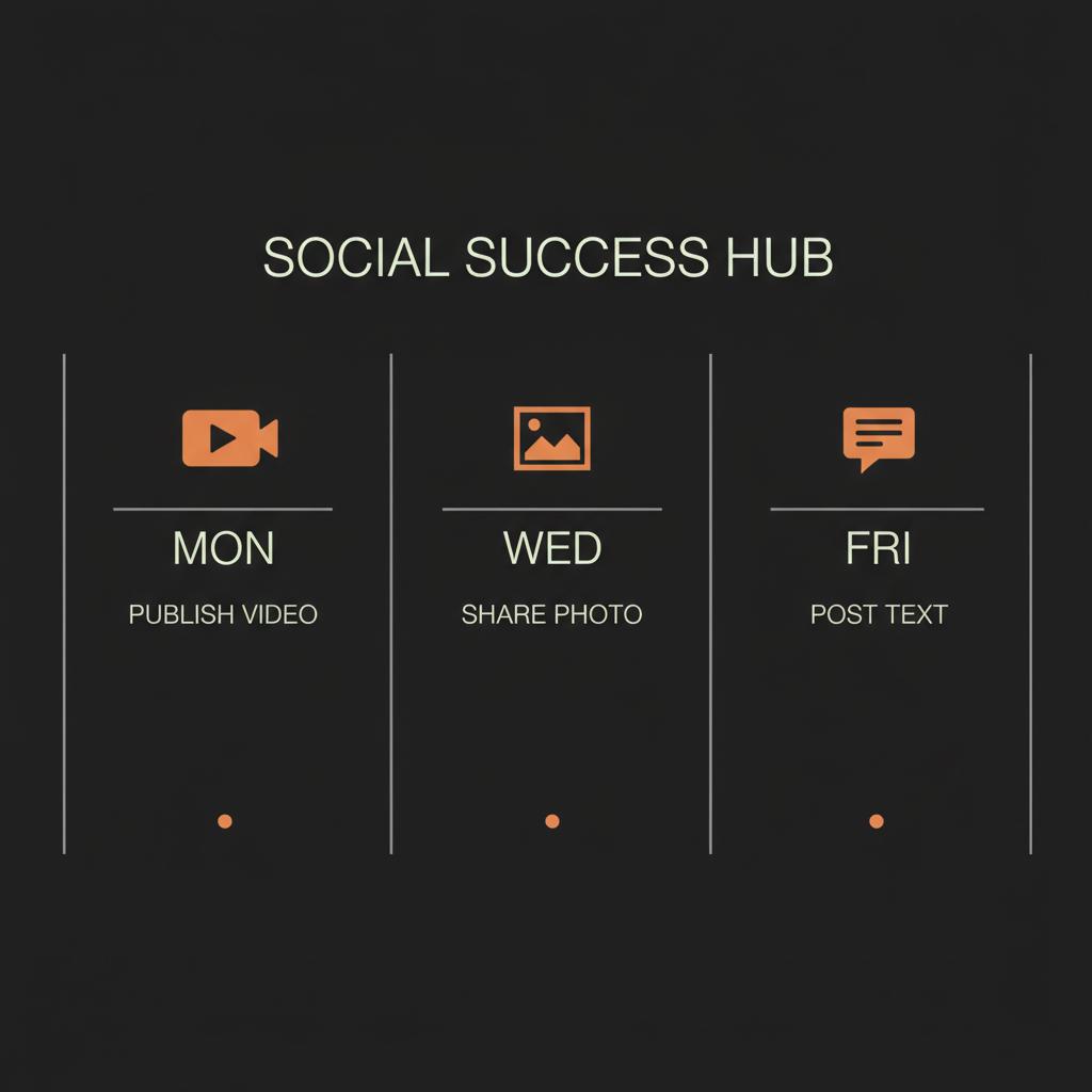 Minimal black infographic of a weekly content rhythm for a highest paid TikToker, three columns (Mon/Wed/Fri), light-gray elements, pale font and orange accents.