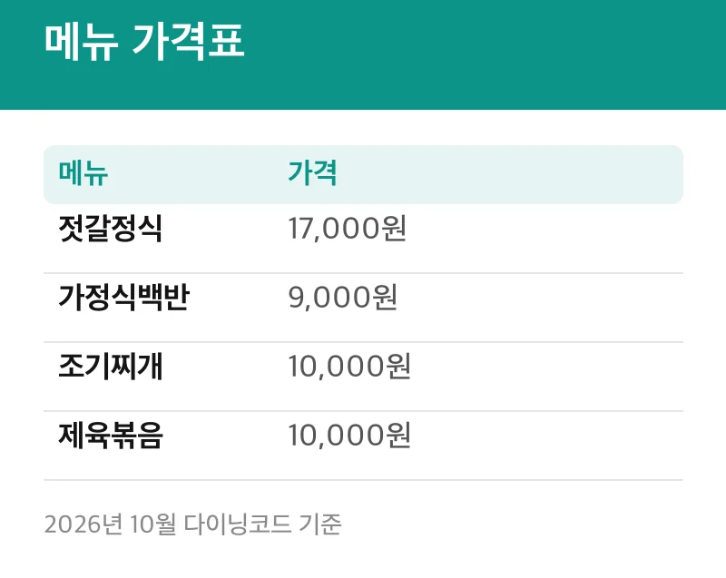 메뉴 가격표