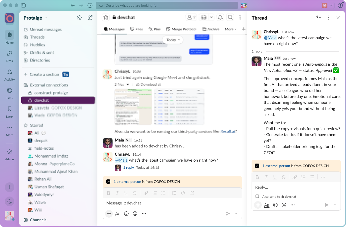 Maia being @mentioned inside a Slack channel and replying in a thread to keep the channel tidy