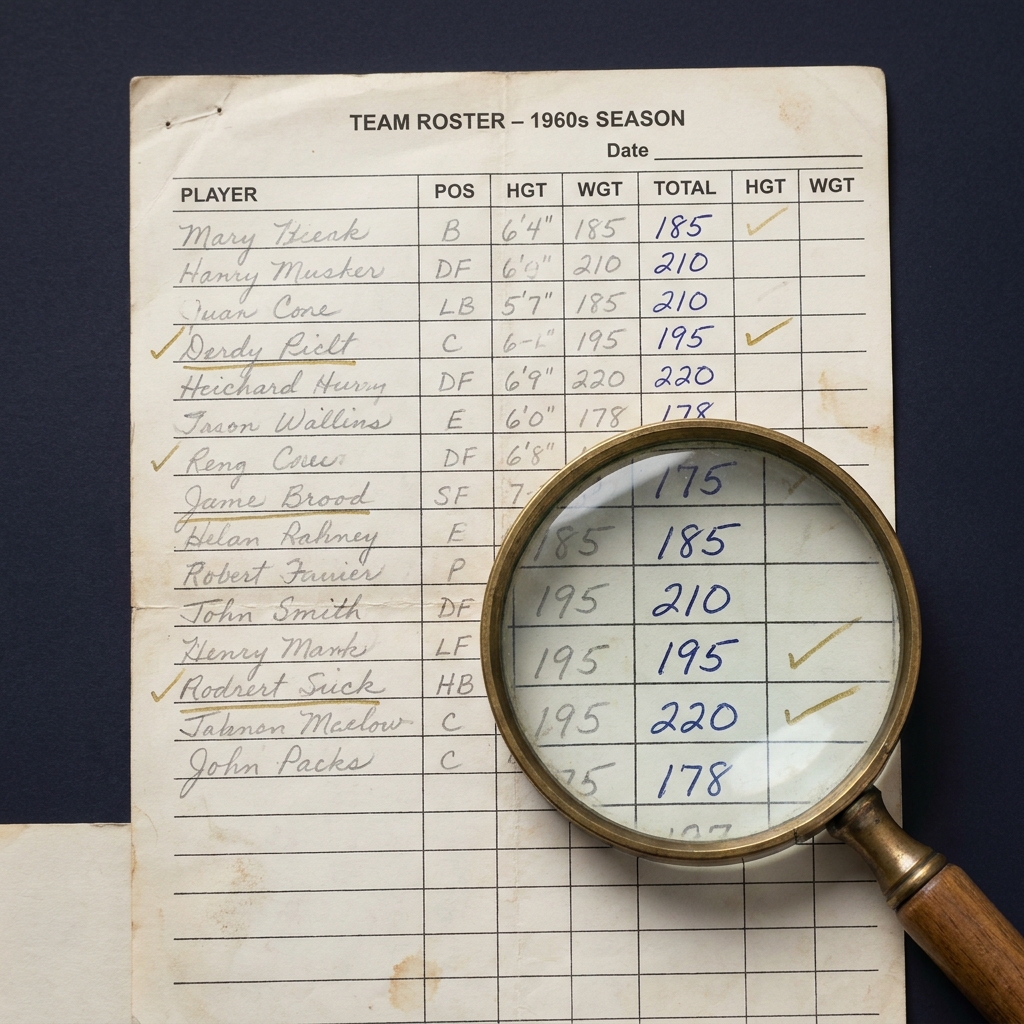 Close up of vintage team roster sheet with handwritten weight entries and a magnifying glass on a dark minimalist background iowa nebraska point spread