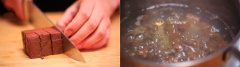 Tiết thái miếng vuông nhỏ cho vào nồi nước sôi luộc lại rồi vớt ra.
