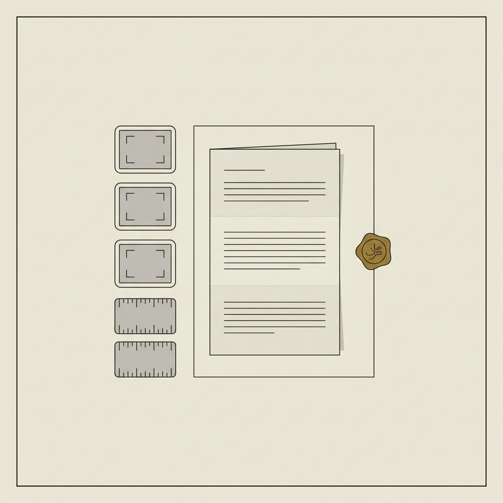 Antique Persian ring documentation packet with photos measurement cards and typed provenance summary on a beige background in Aurora Antiqua palette