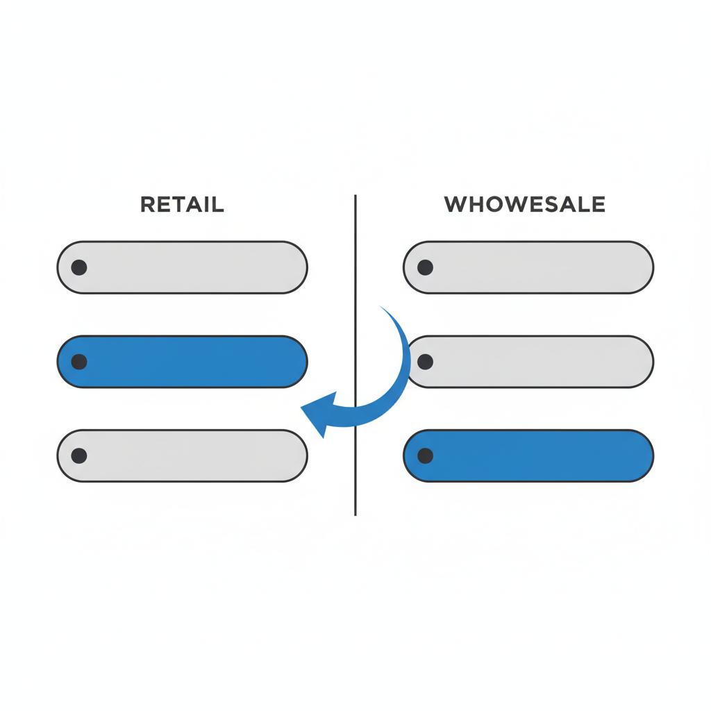 Minimal 2D vector split screen infographic of retail and wholesale value bands with a blue arrow indicating Manheim index movement bluebook for cars