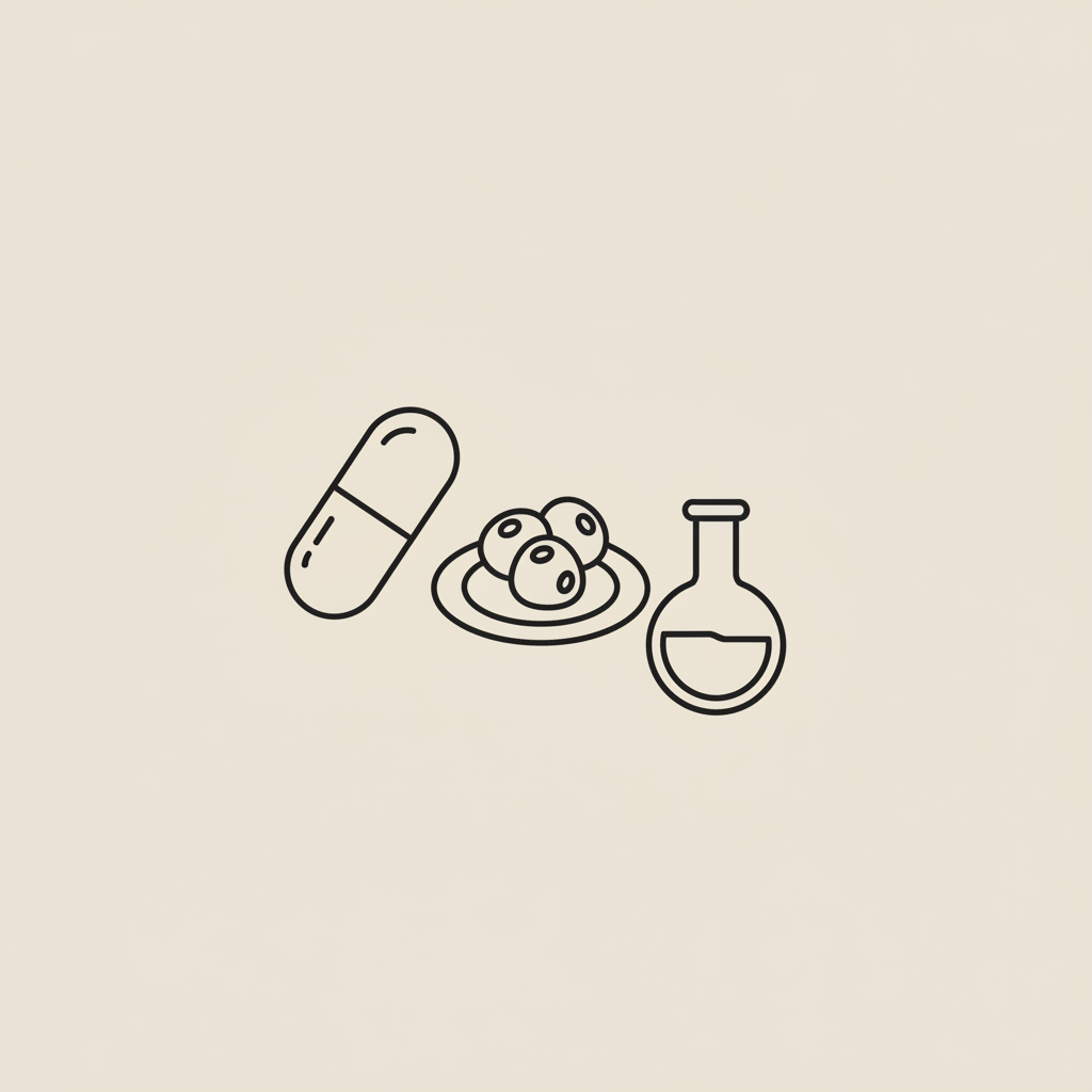 Minimal Tonum-style 2D vector line illustration of a capsule, a small plate with berries, and a lab flask on beige background — visual for weight loss coach cost.