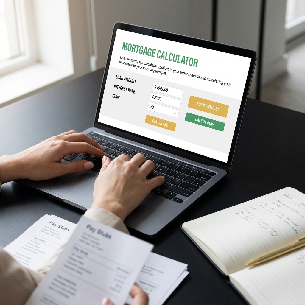 Close up of hands using a mortgage calculator on a laptop with printed pay stubs and a notebook on a dark desk in Finance Police brand colors how to get started in real estate