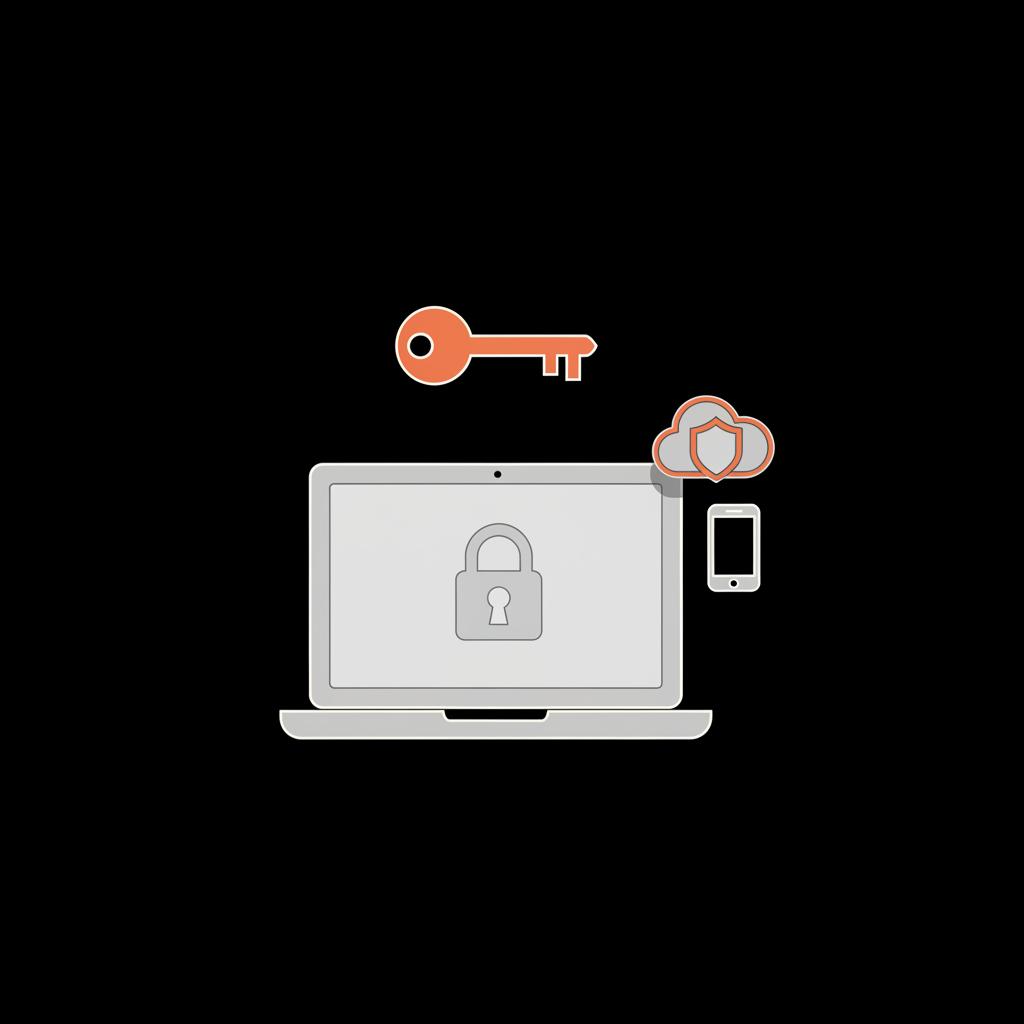 Minimalist 2D vector of a locked laptop with a floating key and small cloud-shield and phone icons on black background representing microsoft recovery password