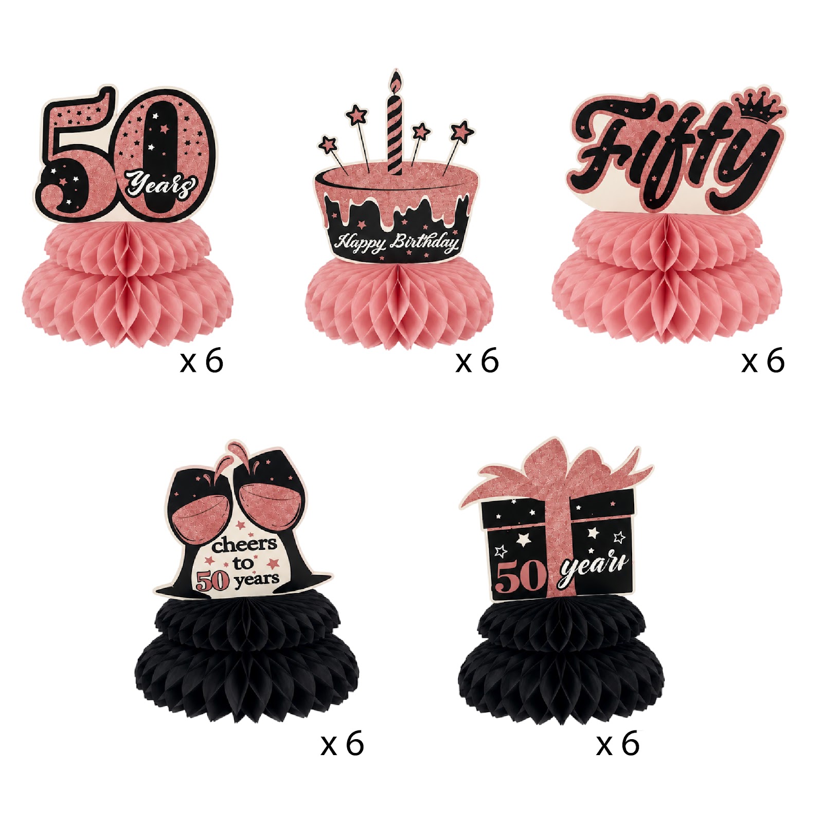 5-Piece 50th Birthday Decorations for Women, Black and Rose Gold Honeycomb Centerpieces for Tables, 50 Years Old Birthday Table Decorations Party Supplies, Birthday Complete Decorations Kit for Her, 6 Pack view 3