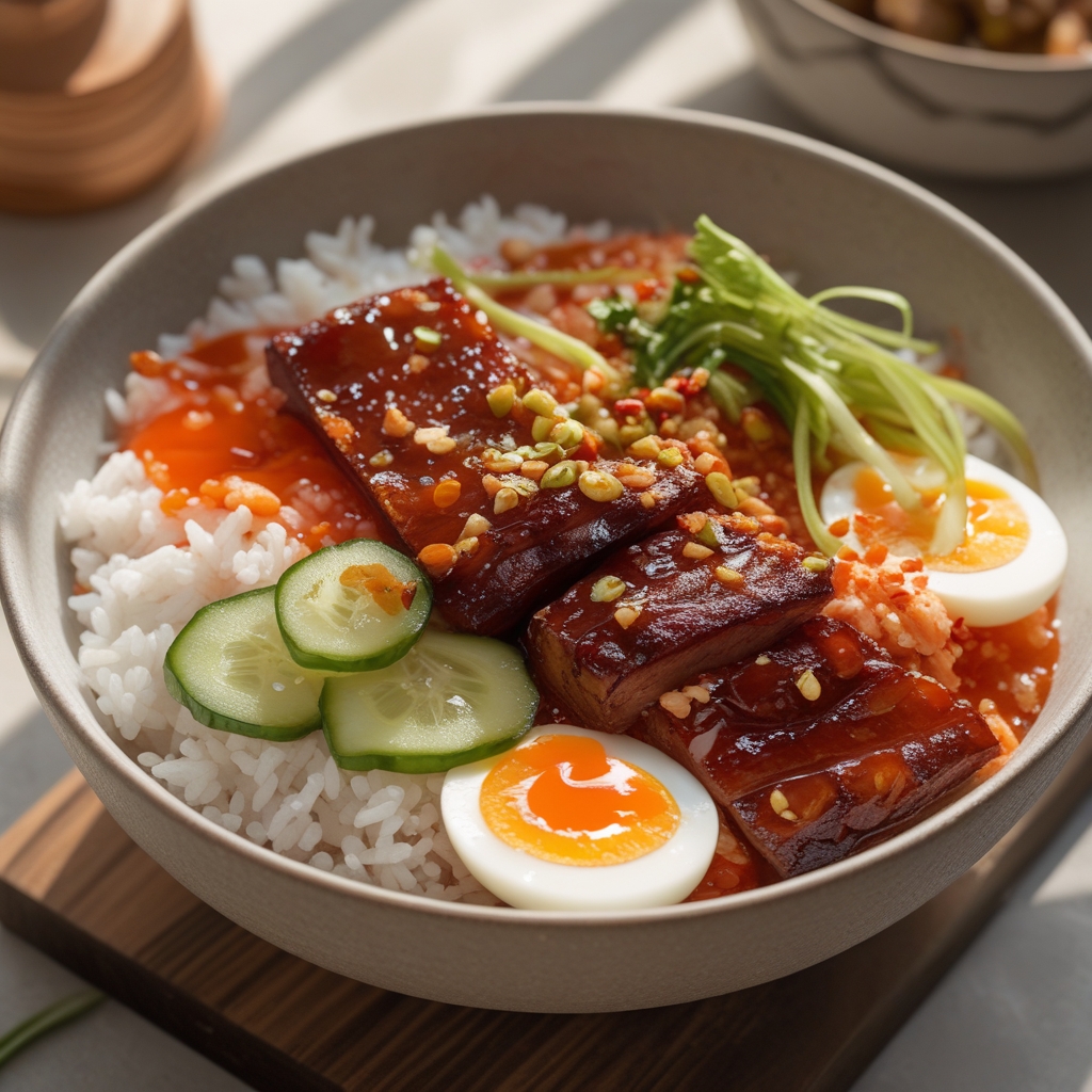 Spicy Miso-Glazed Pork Belly Protein Rice Bowls with Quick Cucumber Kimchi