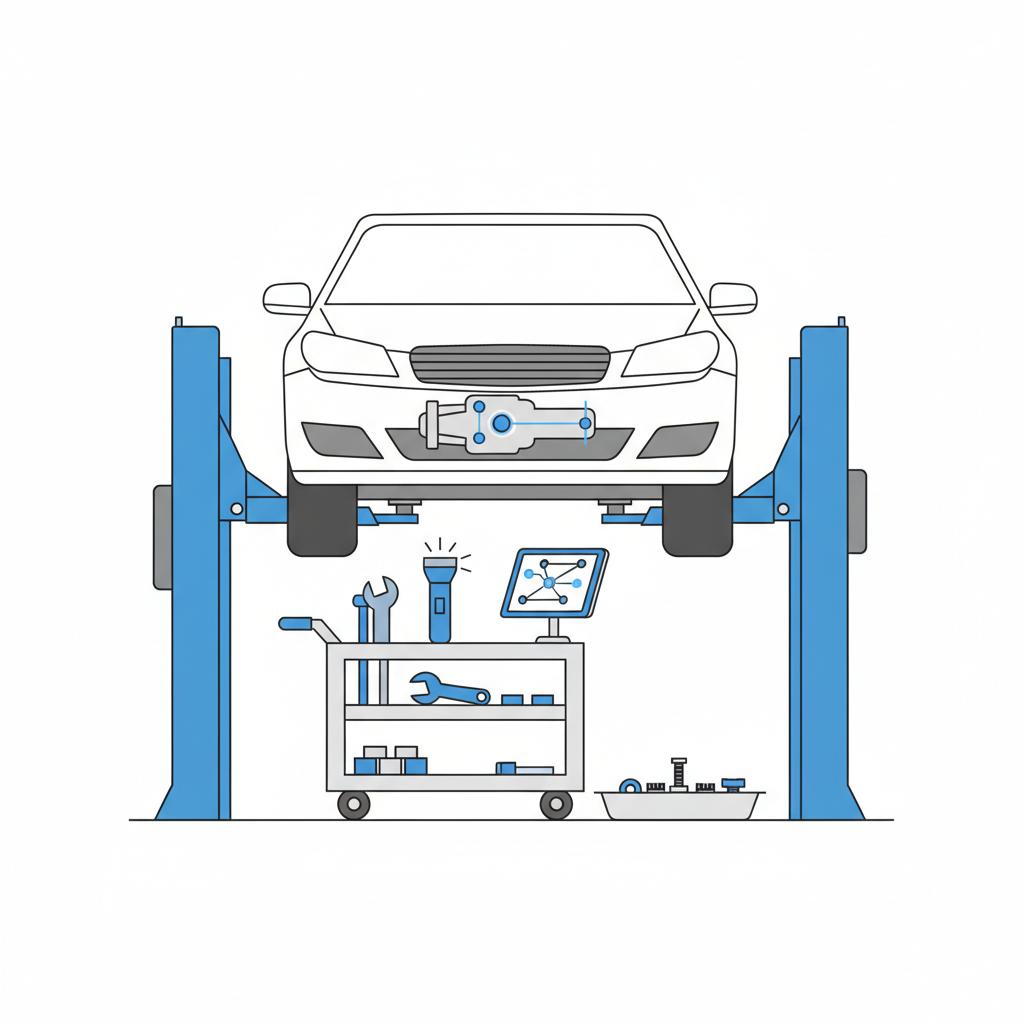 Minimalist vector of a full size sedan on a lift with transmission area highlighted and mechanic tools nearby chevy impala for sale