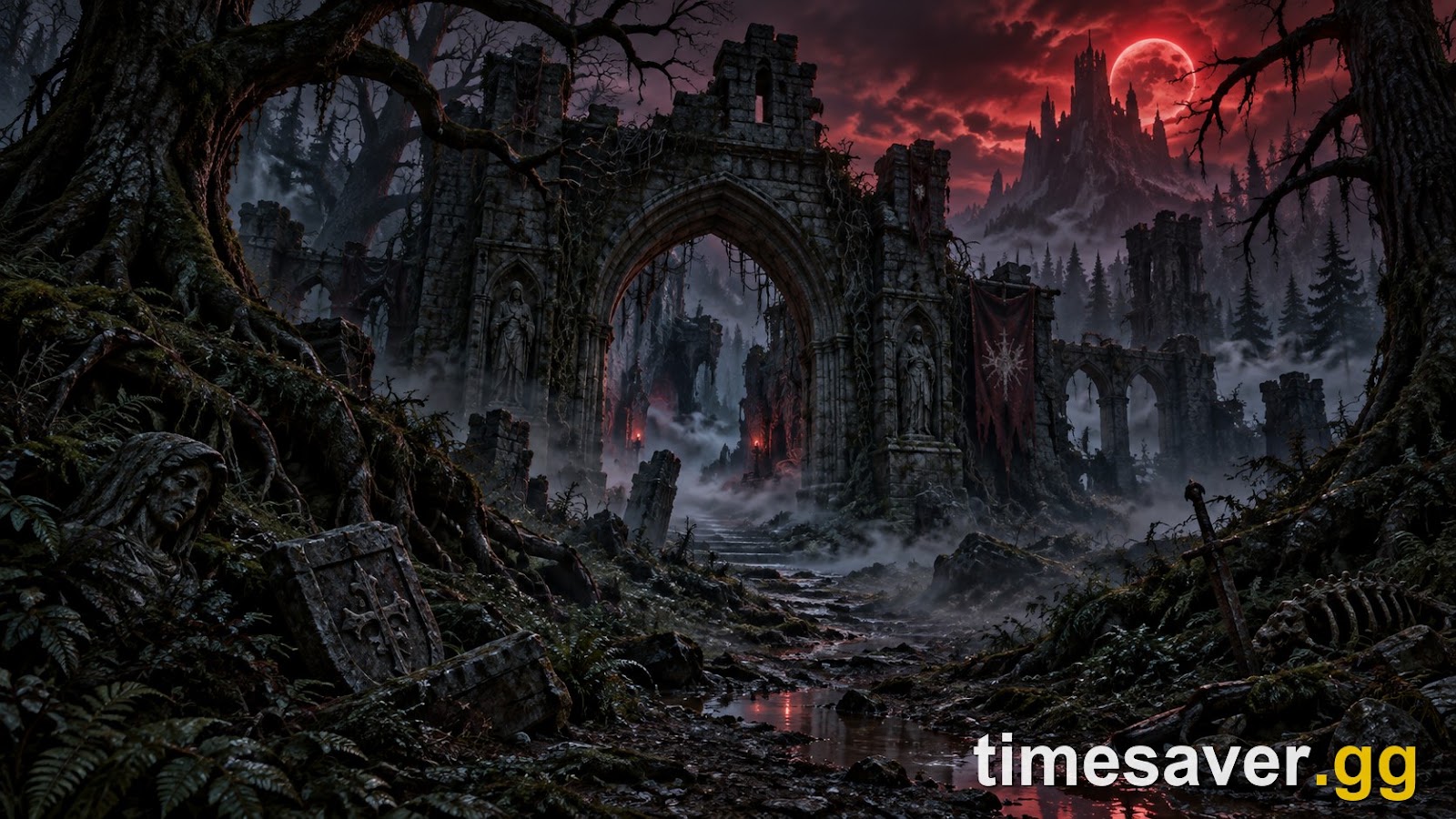 A dark primeval forest clearing in Vale Sangora with the ruined stone entrance to a lair under a red night sky