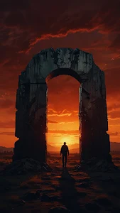 Silhouette Figure Walking Through Ancient Stone Arch