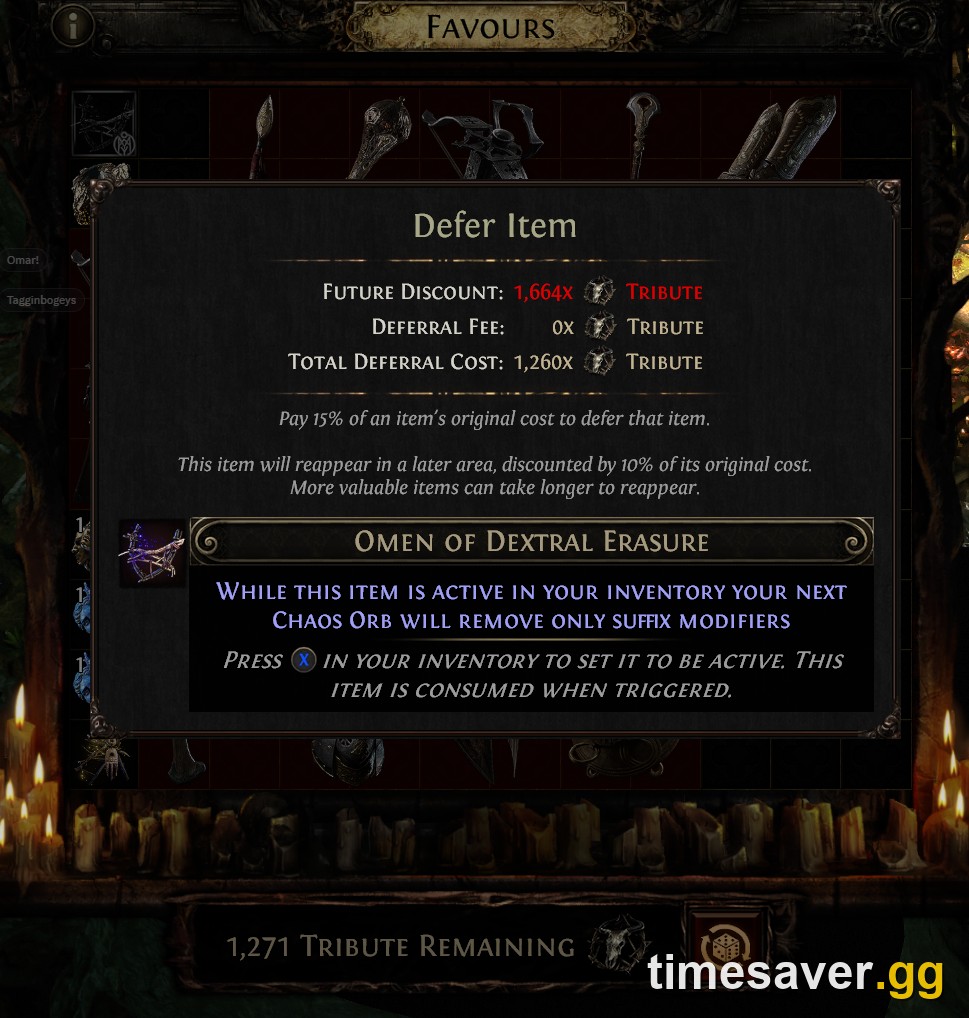 PoE2 Ritual Favours "Defer Item" confirmation panel showing the deferral cost and the future discounted price