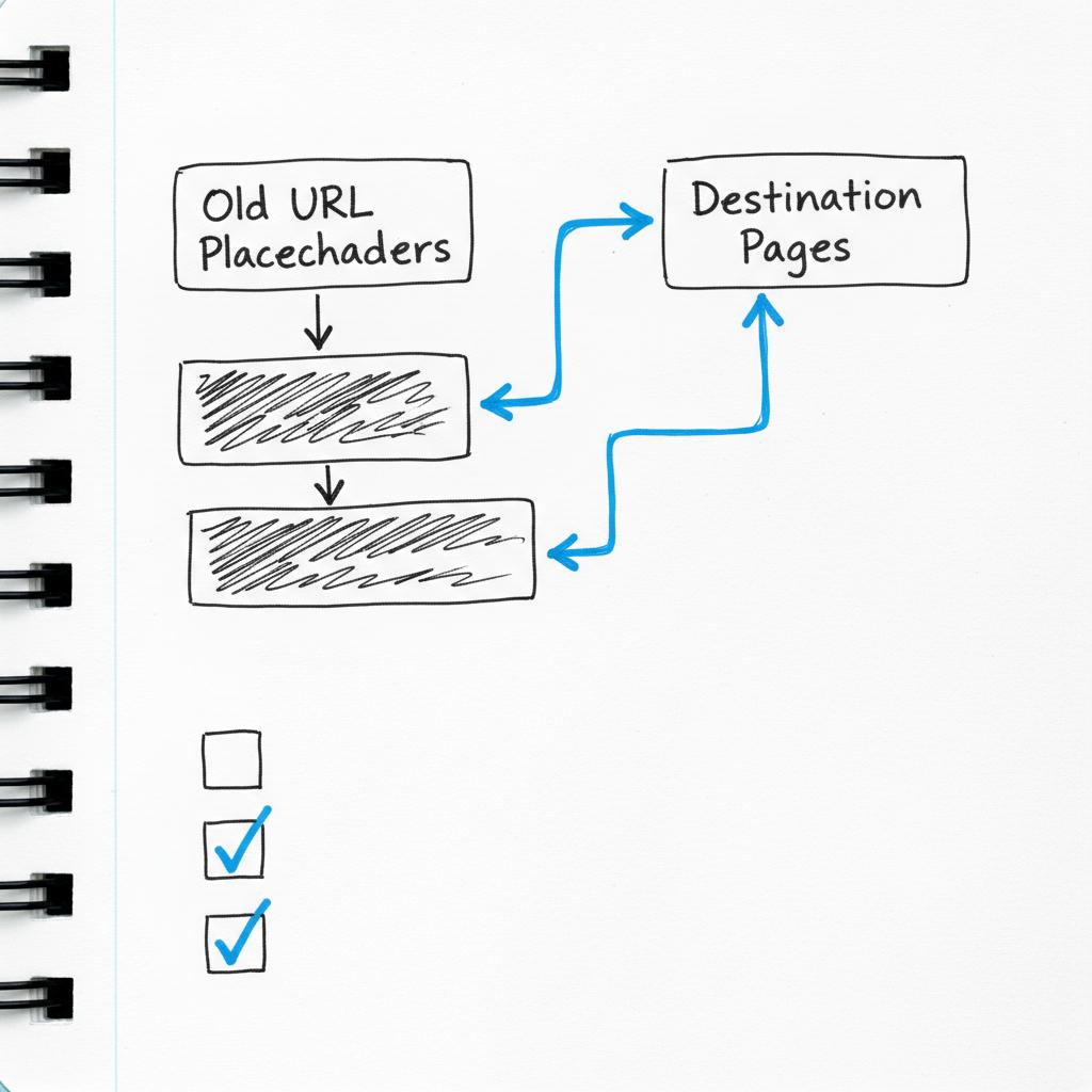 Website builders for startups &mdash; close-up sketch notebook migration map with placeholder URL boxes, blue arrow redirects #1a5bfb and gray ink lines #39383f on a white background