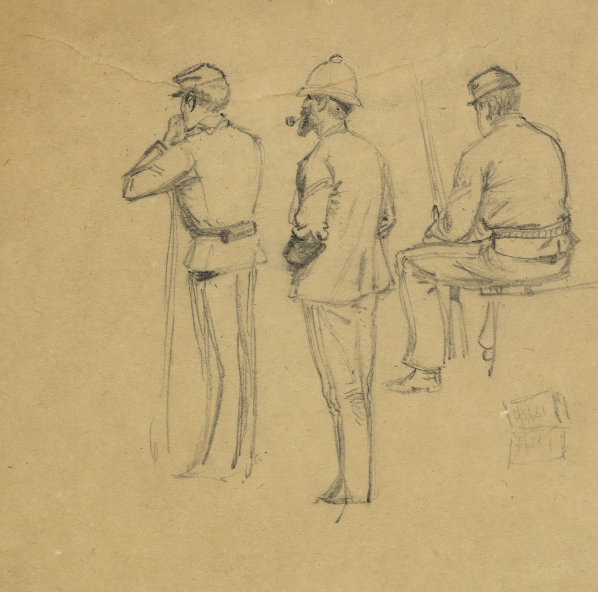 Full length rear view sketches of three soldiers 1860 1865