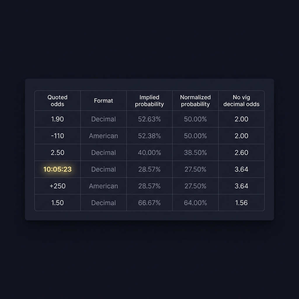 Minimal dark themed spreadsheet screenshot showing quoted odds format implied probability normalized probability and no vig odds with a highlighted timestamp cell in Funded Plays style