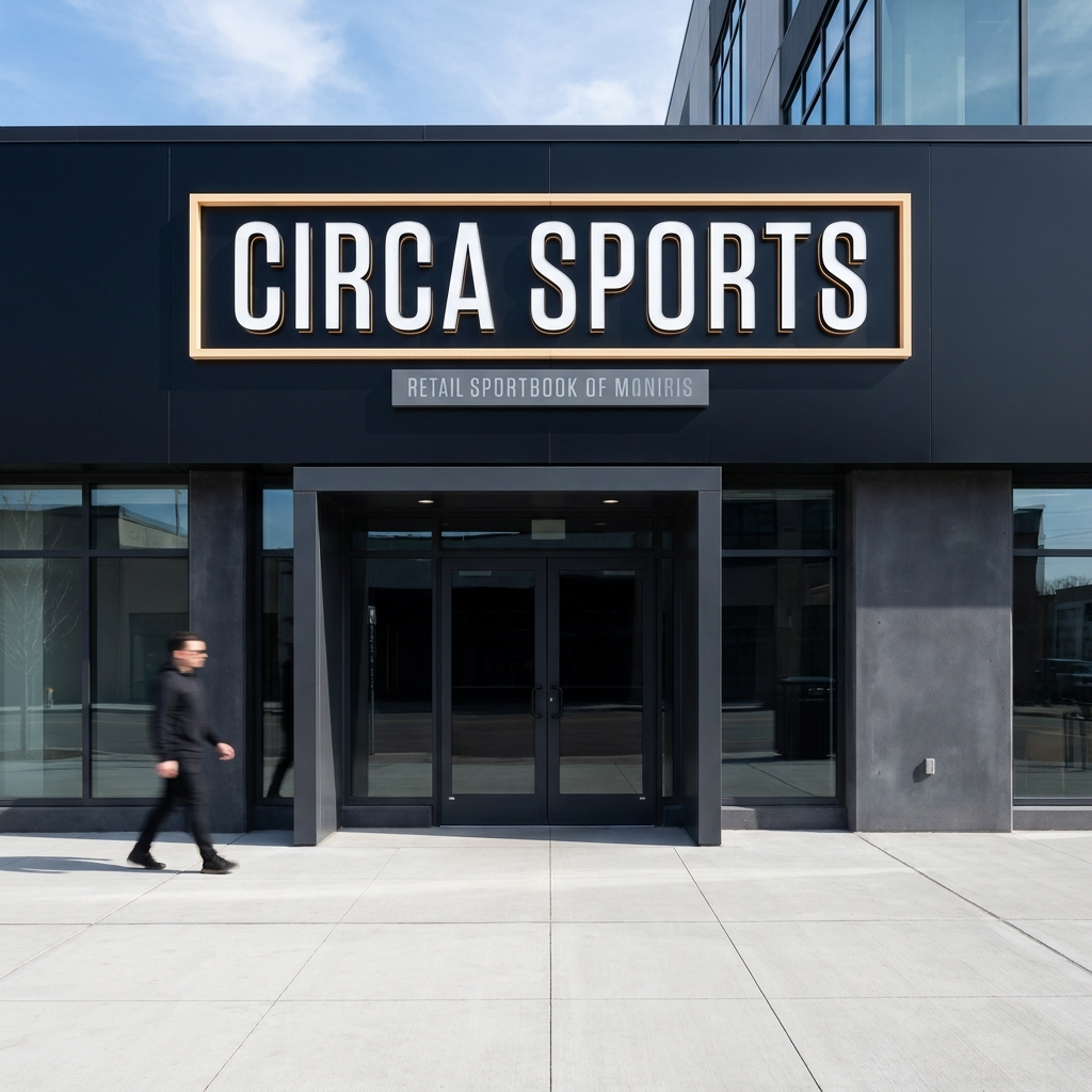 Daytime exterior of a minimalist retail sportsbook entrance with clear Circa Sports style signage centered on facade using Funded Plays palette 10101a background accents f5e79d circa betting