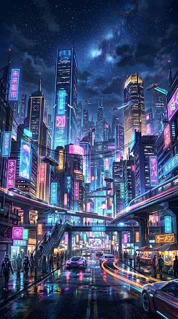 Futuristic Neon Night Cityscape with Starry Sky and Wet Pavement Reflections - Free mobile Wallpaper