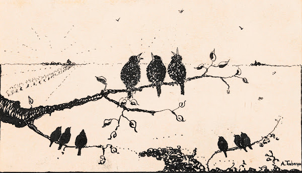 Negen vogels op boomtakken 1925