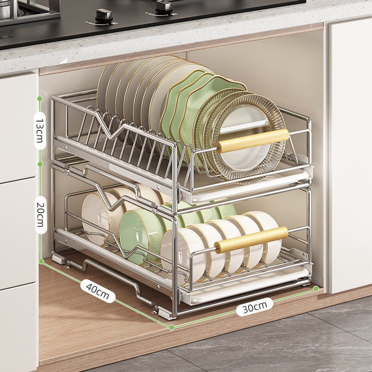 Pull-out dish rack made of stainless steel for cabinets