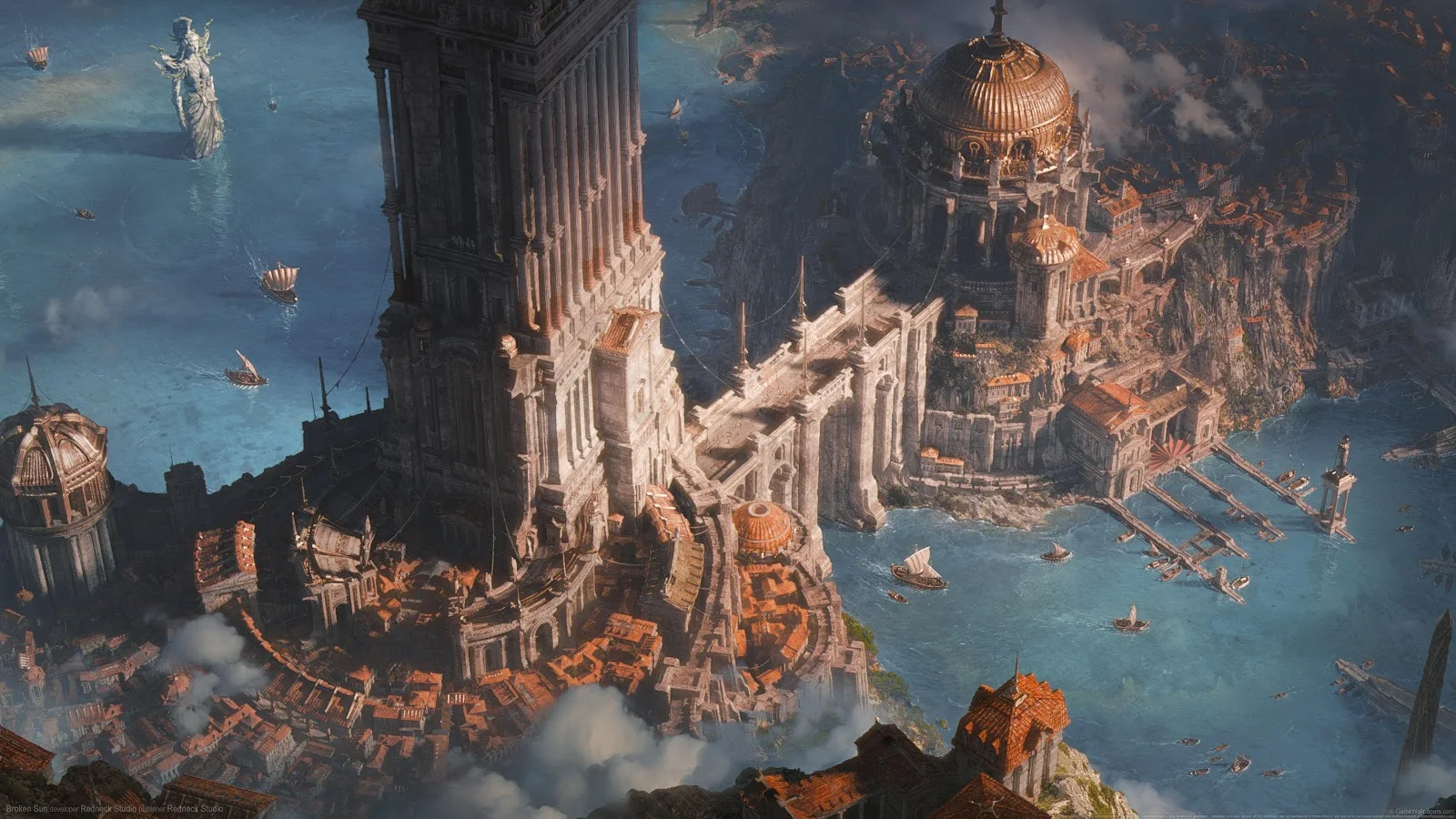 Broken Sun Coastal Fantasy City - Fantasy Digital Art 5K Wallpaper (5120x2880)