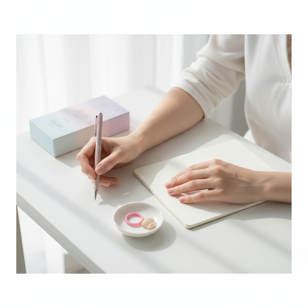 Onychophagie: Nahaufnahme von Händen an weißem Schreibtisch mit unbeschriftetem Gel‑Nagelset in Pastell, Notizbuch, dünnem Stift und kleiner Schale