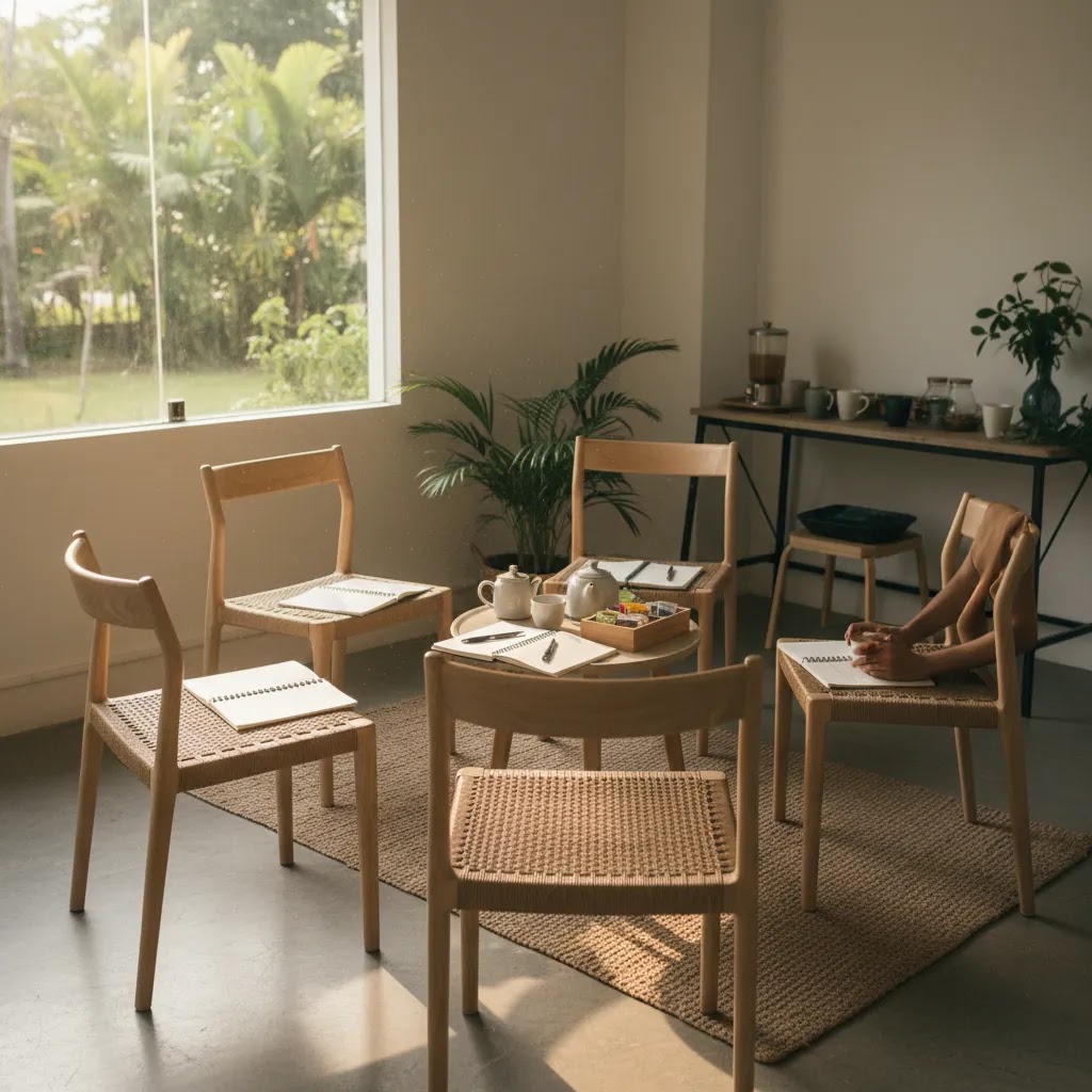 Community-based mental wellness Singapore support group setting with calm shared space and peer connection