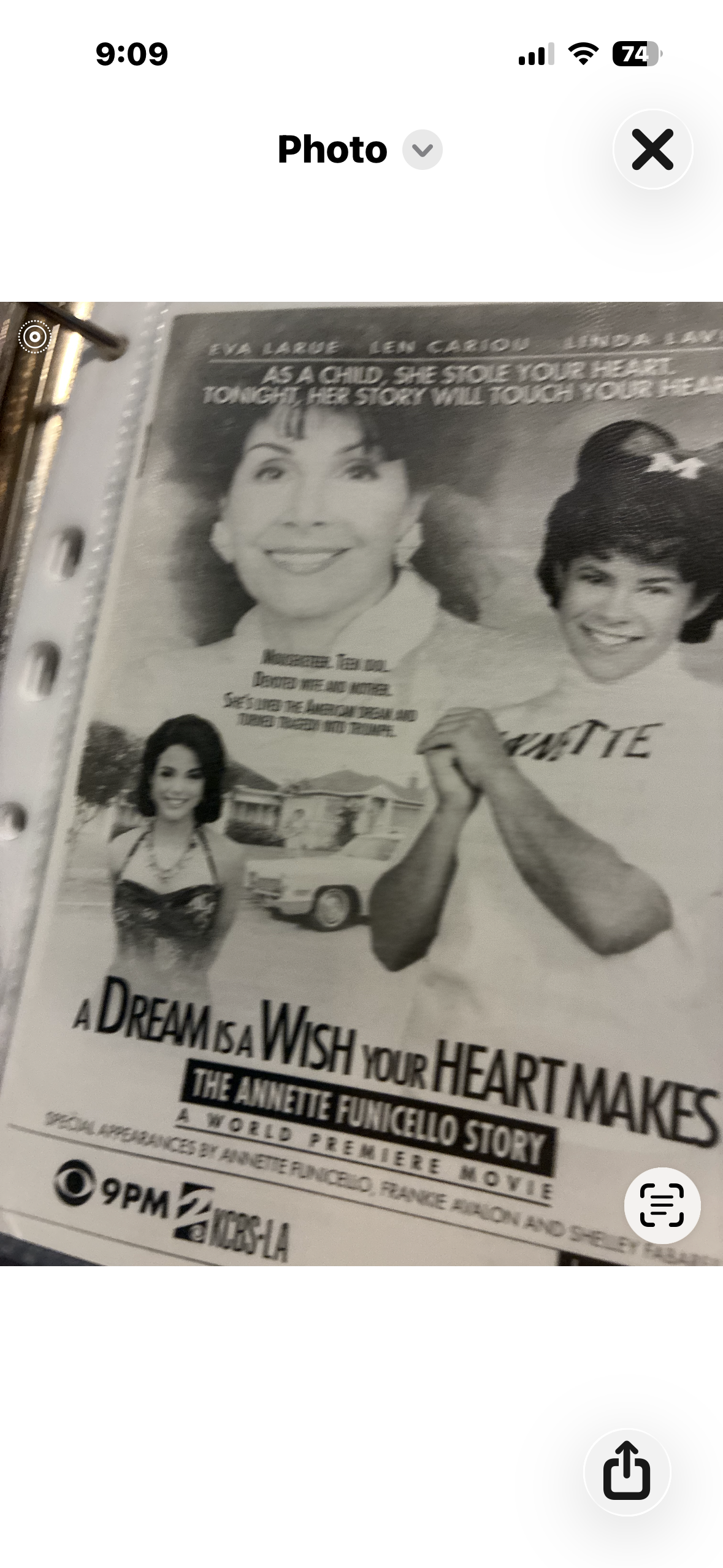 Black-and-white 8.5x11 print advertisement for the 1995 CBS television movie A Dream Is a Wish Your Heart Makes: The Annette Funicello Story, KCBS-LA affiliate version