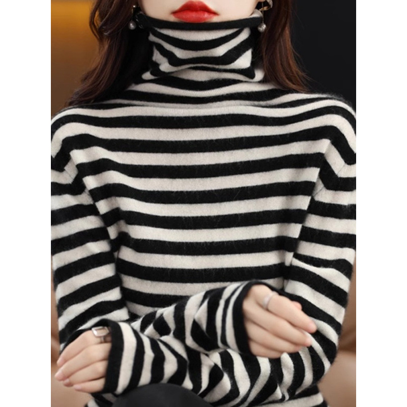 Women's Knit Sweater, Striped, Stand-Up Collar