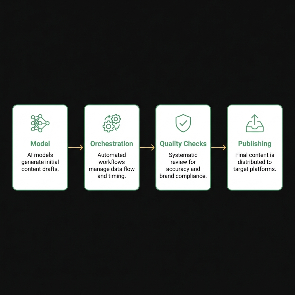 Minimal flat diagram of a content automation pipeline for passive income streams showing four labeled cards model orchestration quality checks and publishing on a dark background