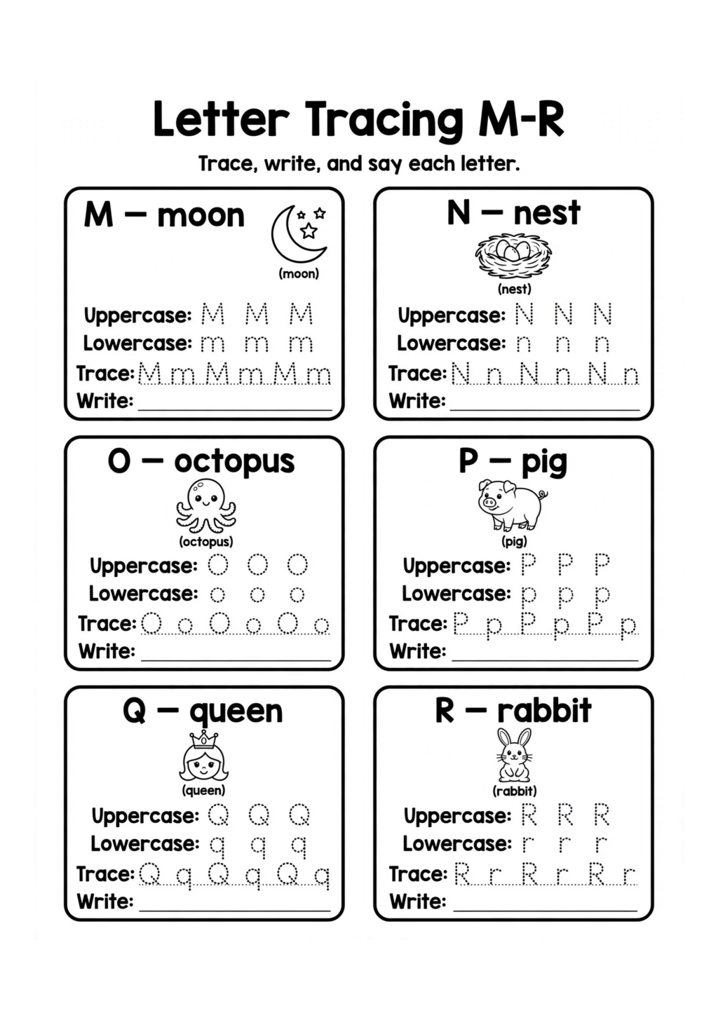 Letter Tracing M-R Worksheet