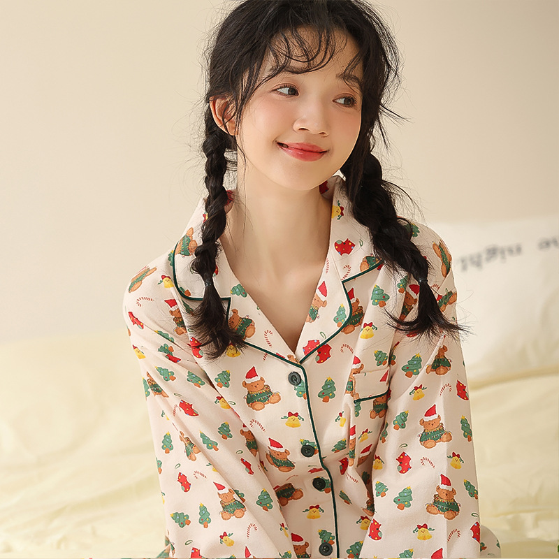 Women's cotton pajama set, long-sleeved, with lapel collar