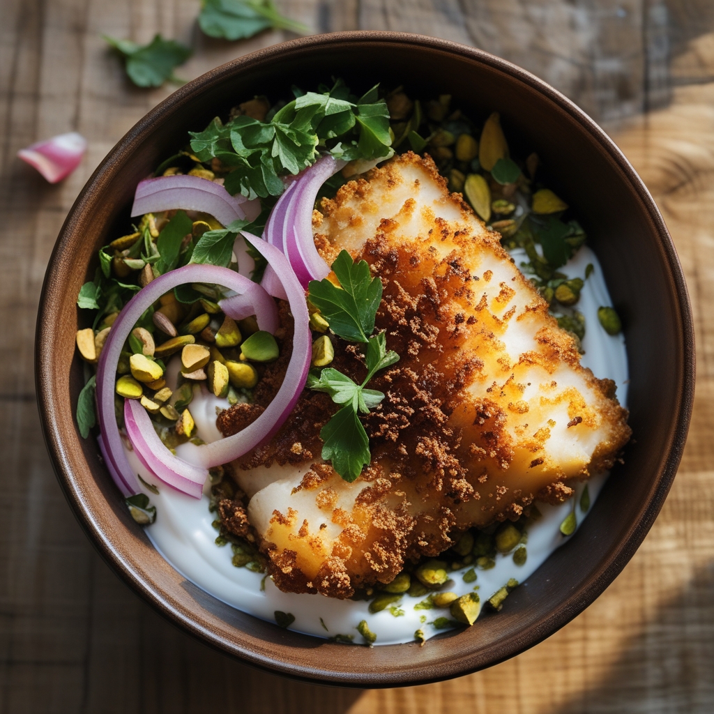 Final Crispy Za'atar Cod & Whipped Pistachio-Yogurt Power Bowls with Sumac Onions