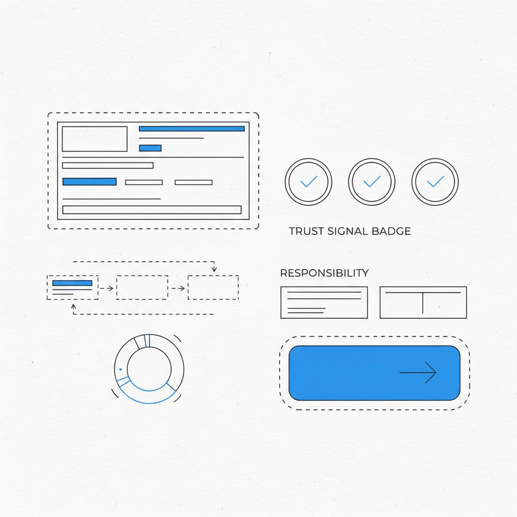 Minimalist 2D vector notebook-style webpage wireframe sketch highlighting hero, trust signals, and a blue booking CTA for an introduction for cleaning services.