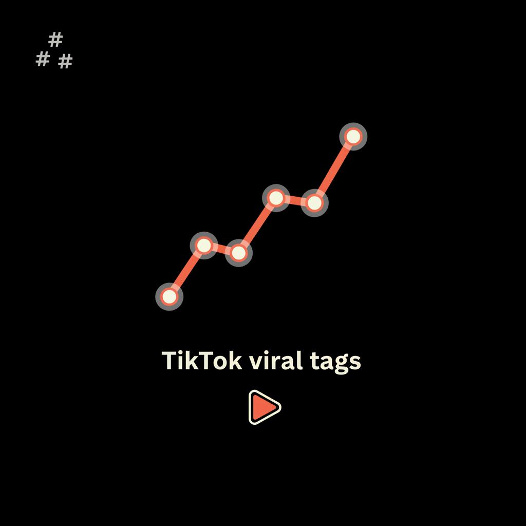 Minimal full-frame black infographic with vector hashtag icons, ascending sparkline chart and small play button motif illustrating TikTok viral tags growth.