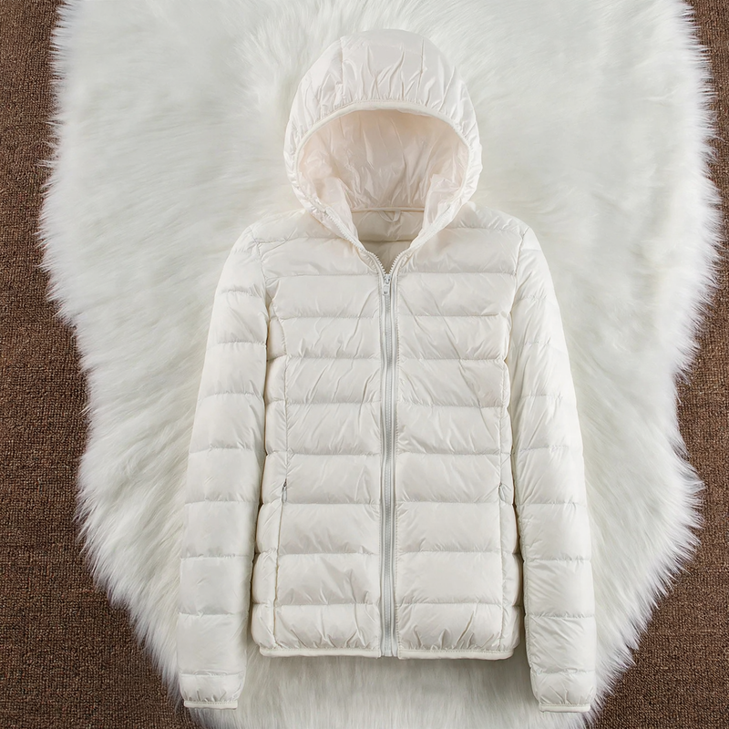 Lightweight women's down jacket with hood and stand-up collar