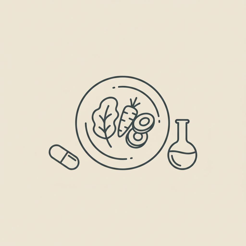 Minimal Tonum-style line illustration of a plate with vegetables, a capsule, and a lab flask on beige background representing fatty liver weight loss.