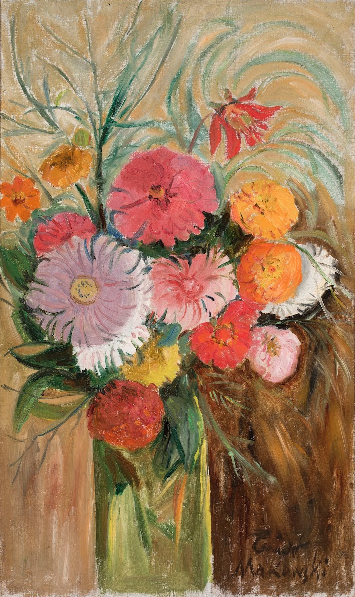 Zinnias and asters in a glass jar 1920