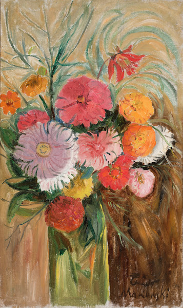 Zinnias and asters in a glass jar 1920